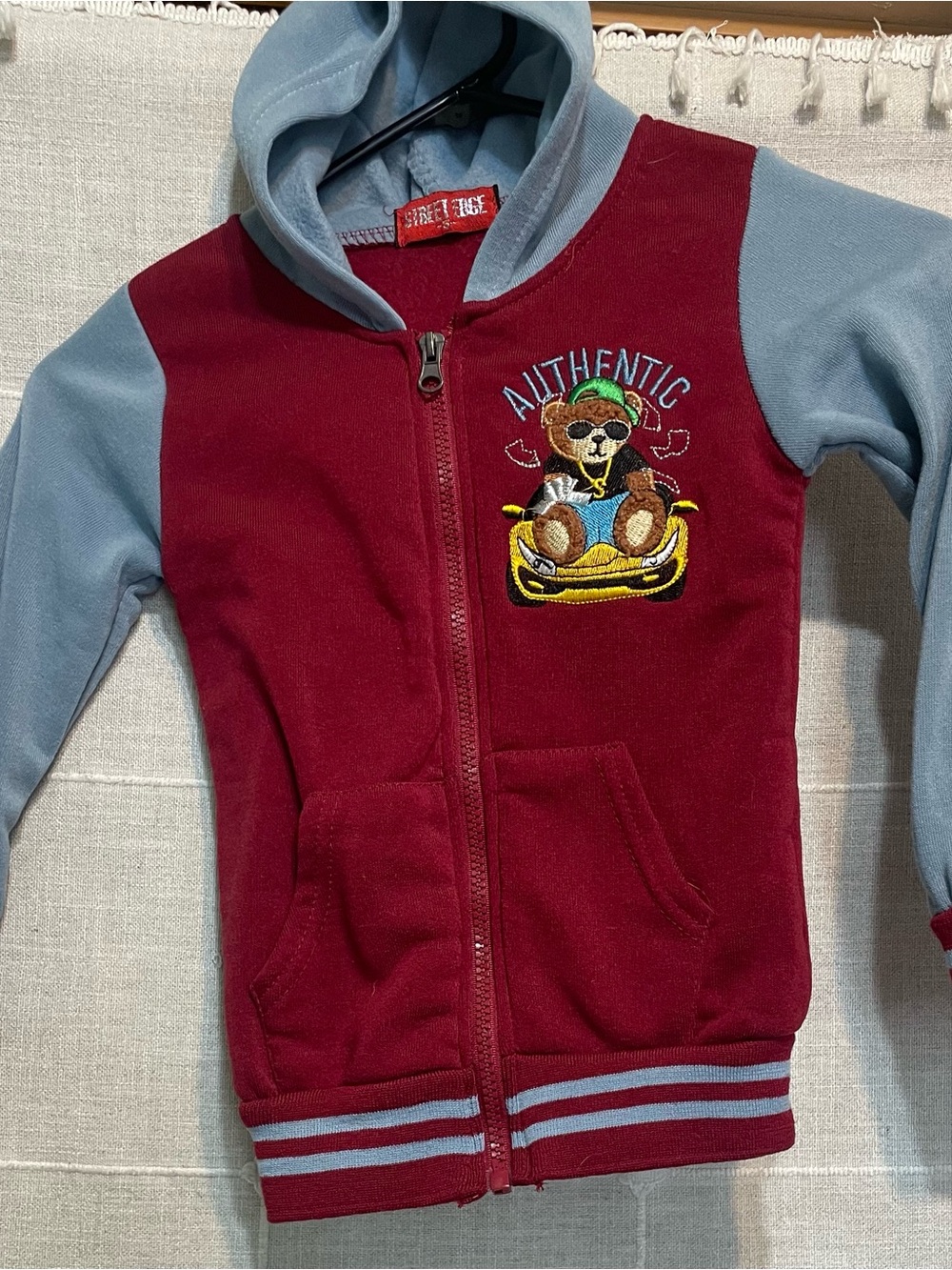 Boys Burgundy & Gray Street Edge Teddy Bear Hoodie. Size 5